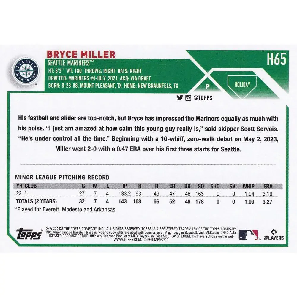 2023 Topps Holiday Bryce Miller RC H65 Seattle Mariners